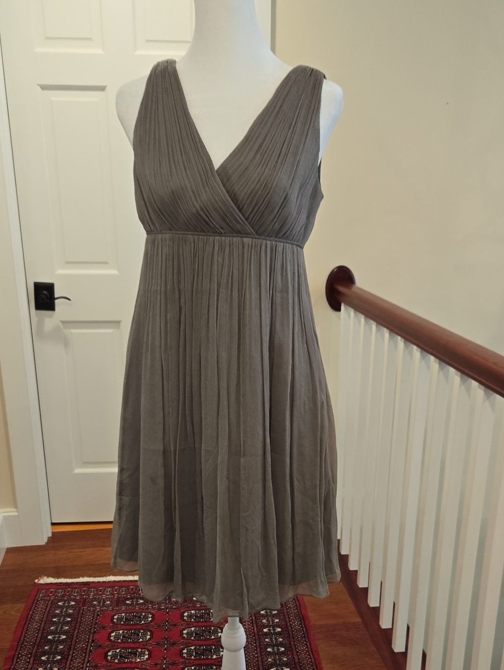 J. Crew Gray Pleated V-Neck Midi Dress